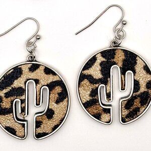 Round Western Leopard Print Animal Print Saguaro Cactus Outline Dangle Earrings